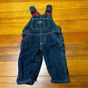 OshKosh B'gosh Dark Blue Denim Overalls with Red Fleece Lining Size 3 Months